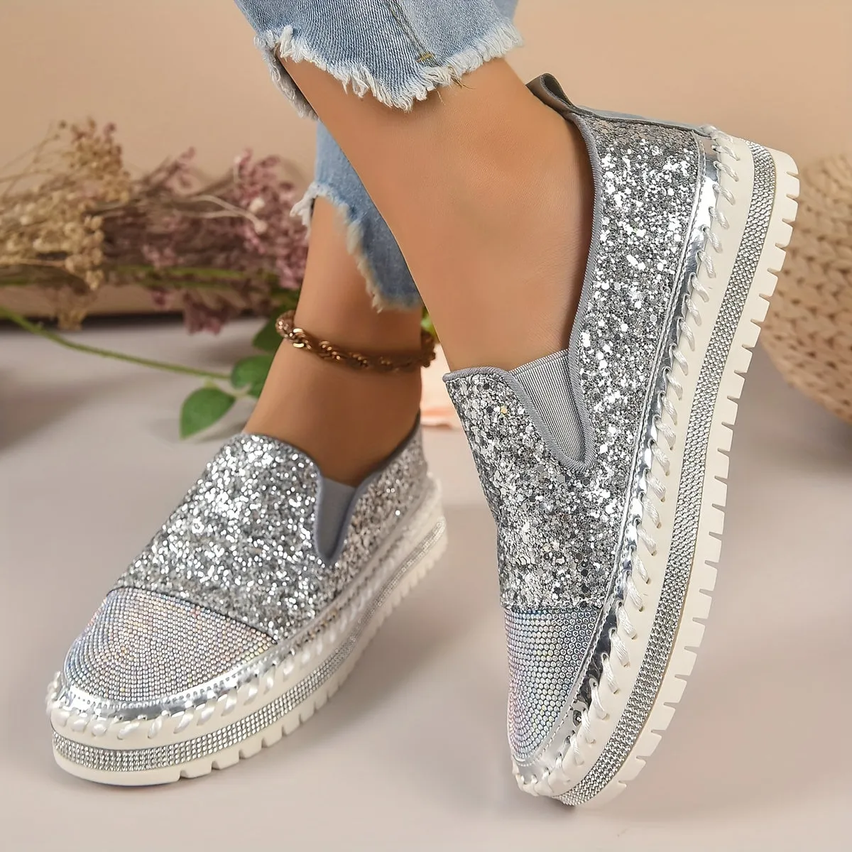 Crystal loafers voor vrouwen, 3 cm hak, comfortabele plateauschoenen