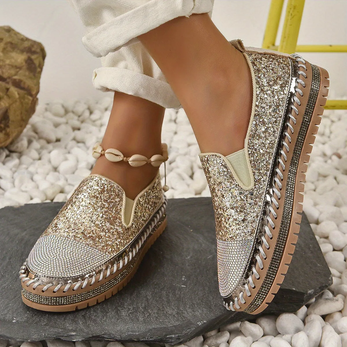 Crystal loafers voor vrouwen, 3 cm hak, comfortabele plateauschoenen