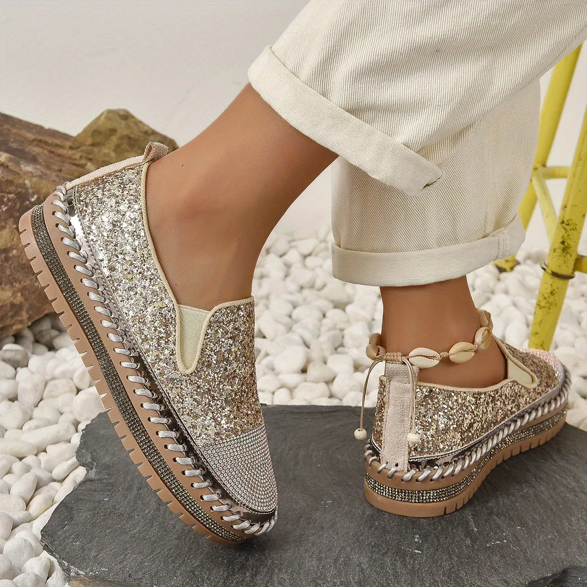 Crystal loafers voor vrouwen, 3 cm hak, comfortabele plateauschoenen