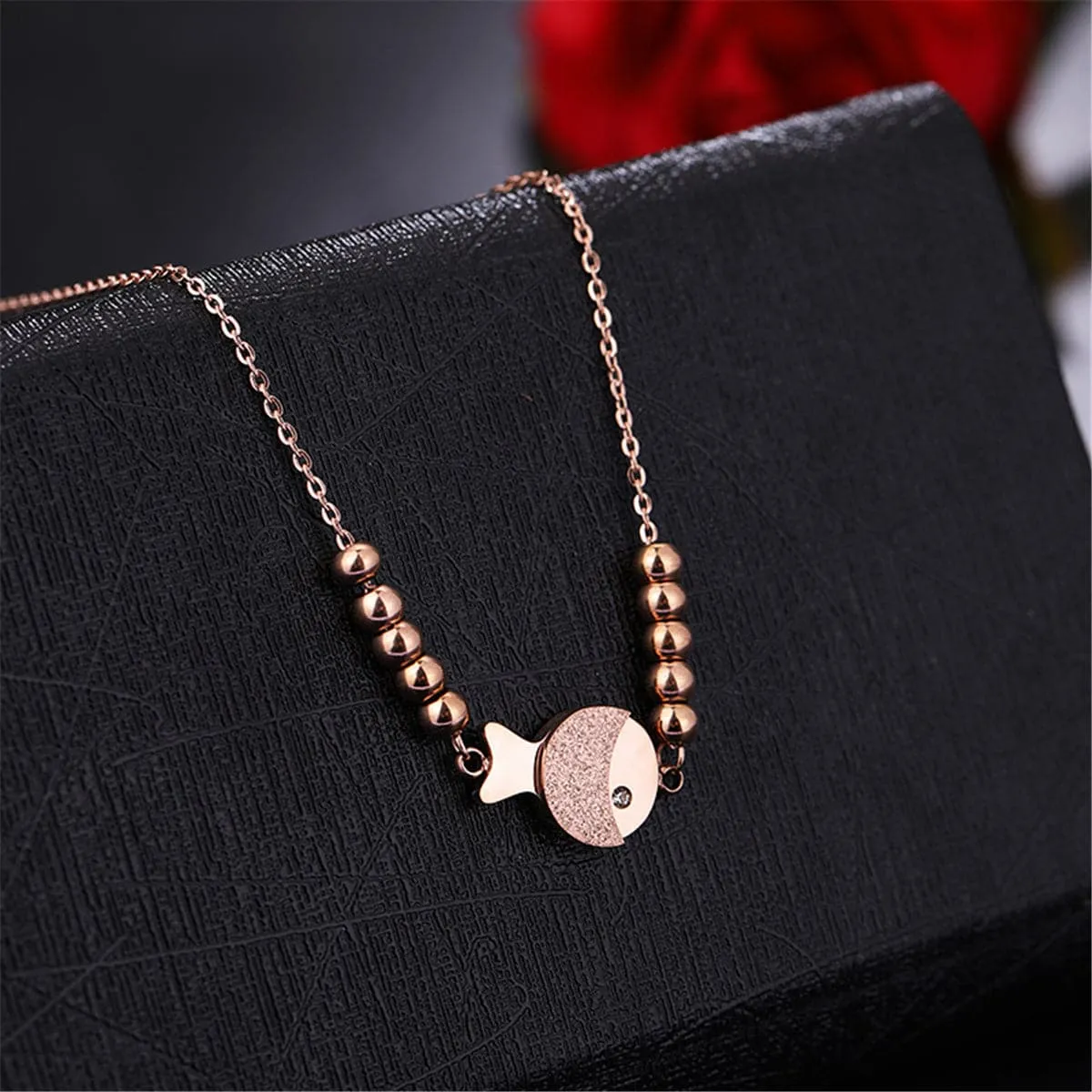 Cubic Zirconia & 18K Rose Gold-Plated Fish & Bead Pendant Necklace