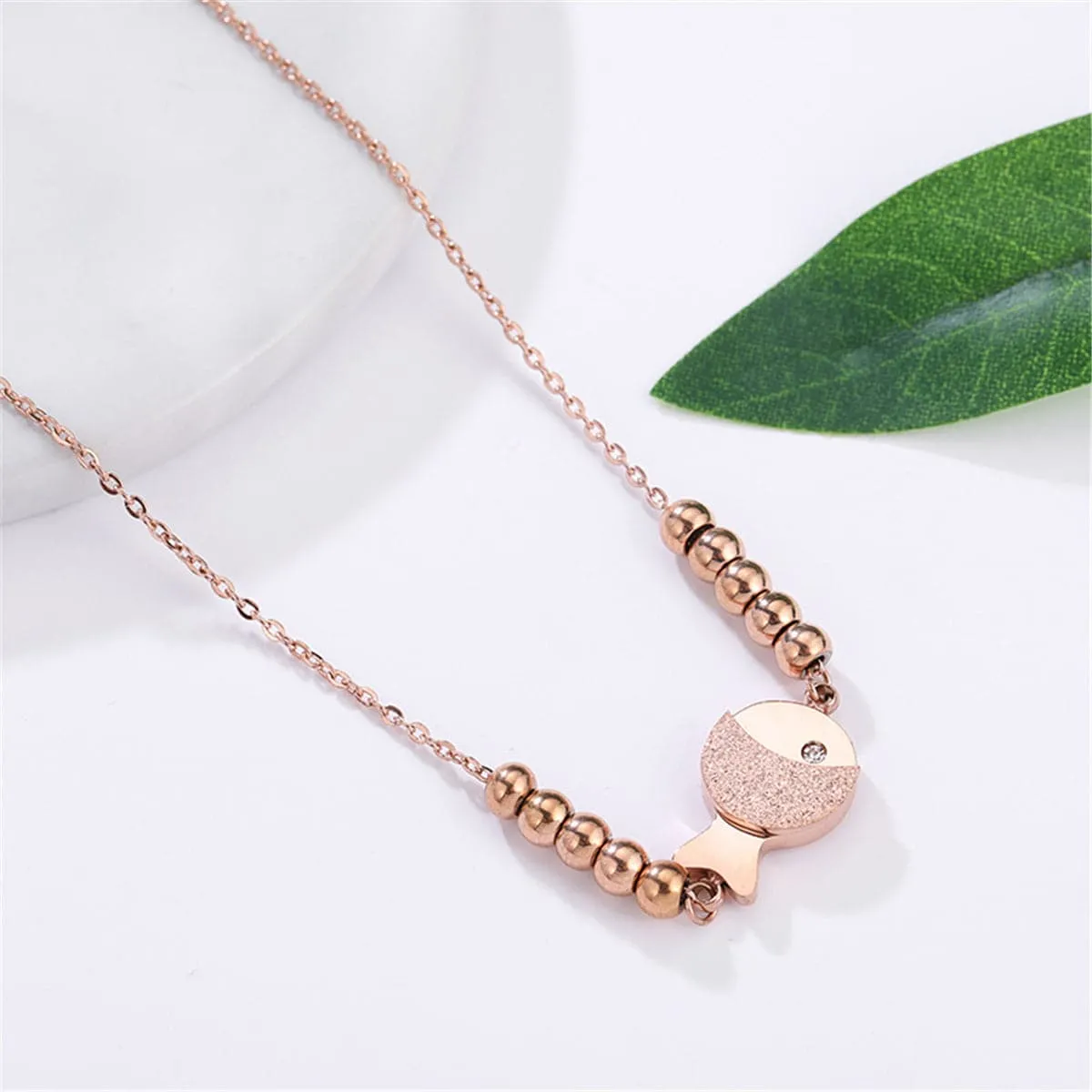 Cubic Zirconia & 18K Rose Gold-Plated Fish & Bead Pendant Necklace