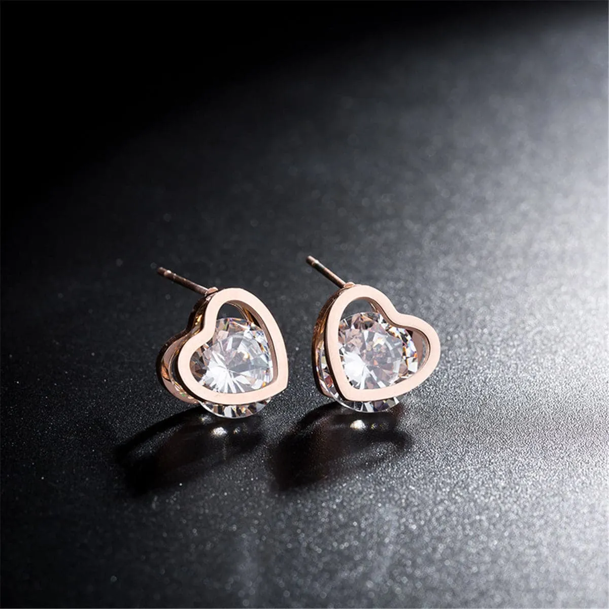 Cubic Zirconia & 18K Rose Gold-Plated Heart Stud Earrings