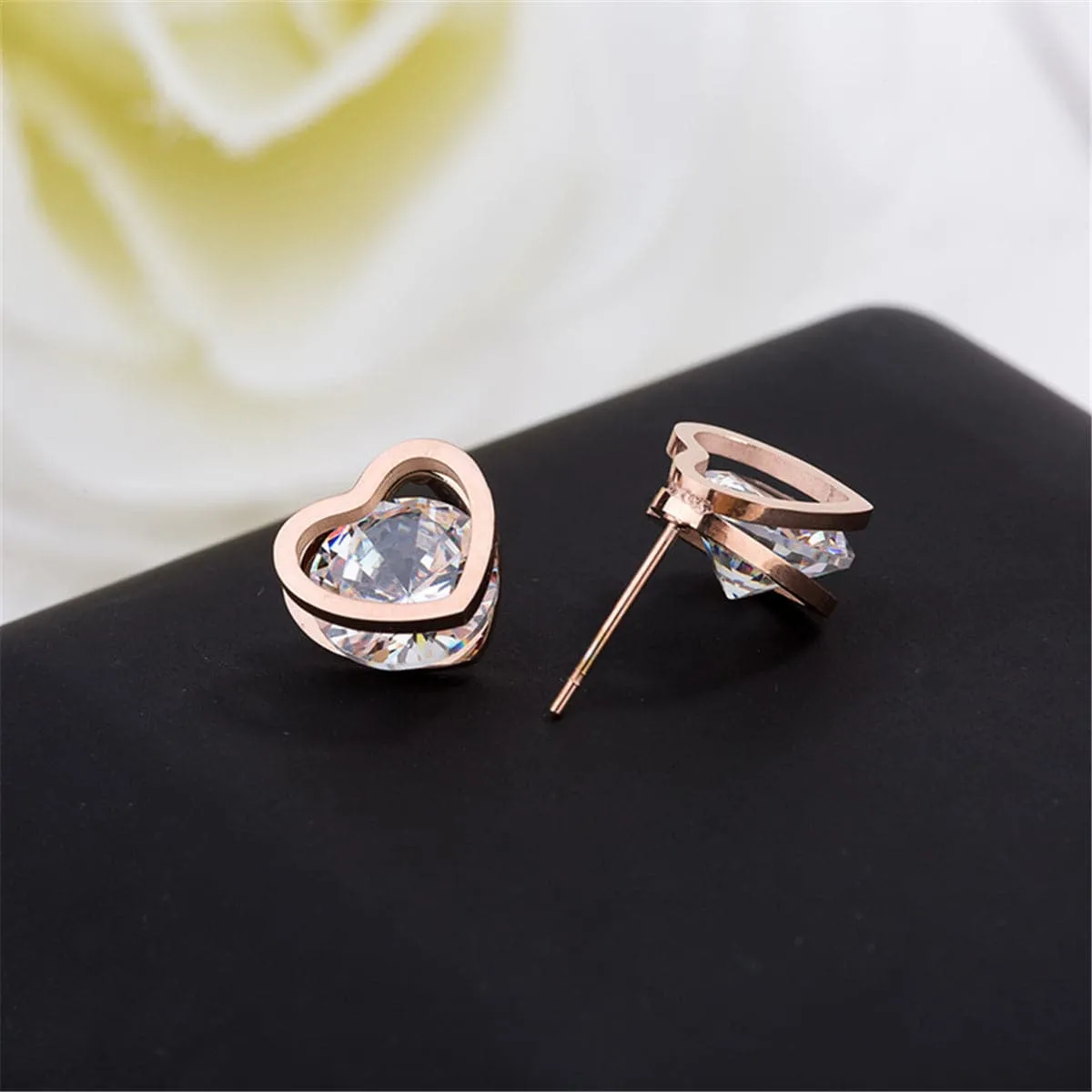 Cubic Zirconia & 18K Rose Gold-Plated Heart Stud Earrings
