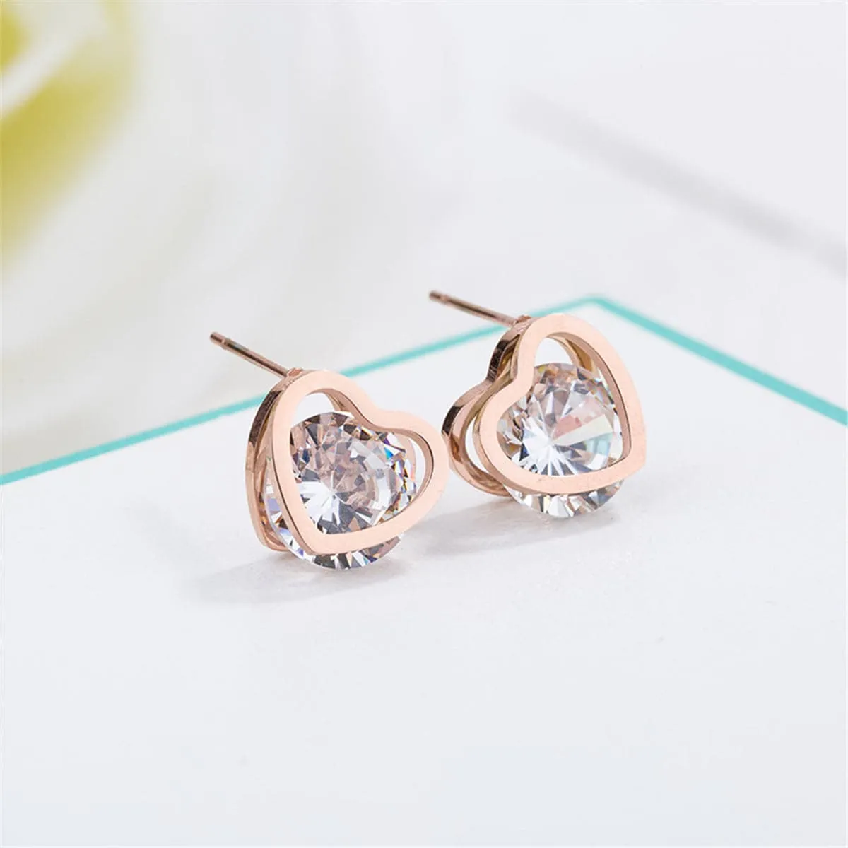 Cubic Zirconia & 18K Rose Gold-Plated Heart Stud Earrings