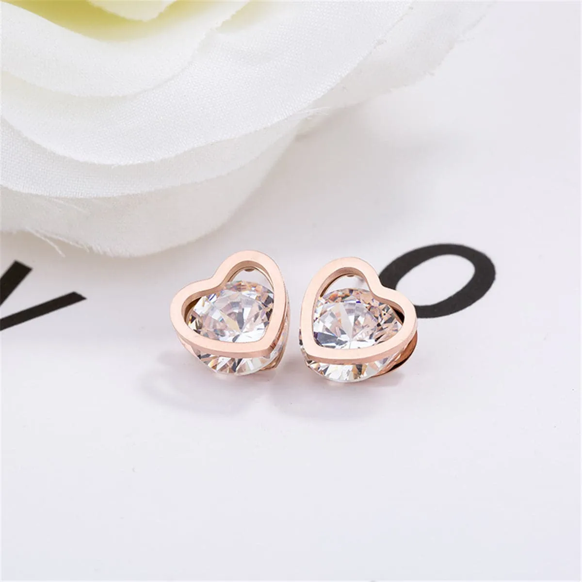 Cubic Zirconia & 18K Rose Gold-Plated Heart Stud Earrings