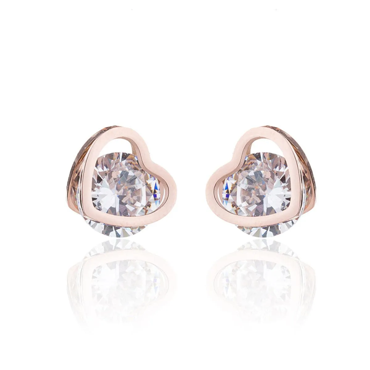 Cubic Zirconia & 18K Rose Gold-Plated Heart Stud Earrings