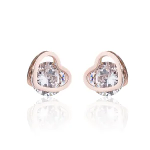 Cubic Zirconia & 18K Rose Gold-Plated Heart Stud Earrings