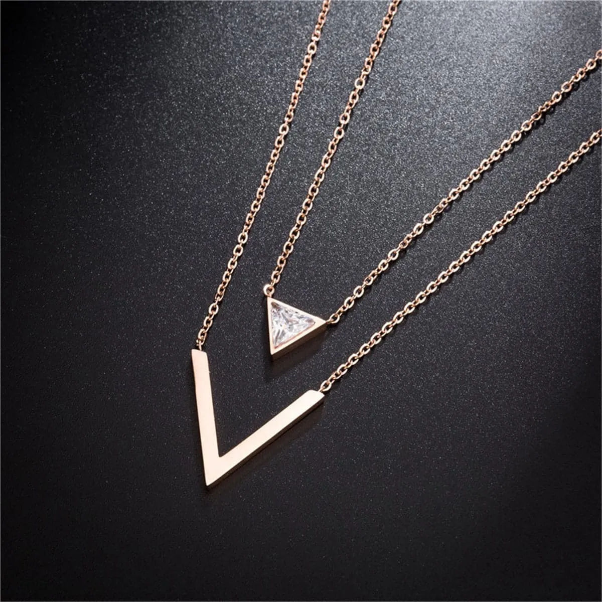 Cubic Zirconia & 18K Rose Gold-Plated Triangle Layered Necklace