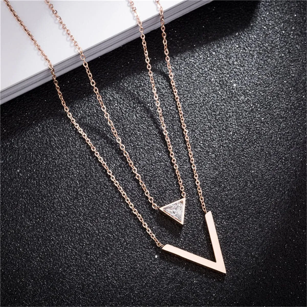 Cubic Zirconia & 18K Rose Gold-Plated Triangle Layered Necklace