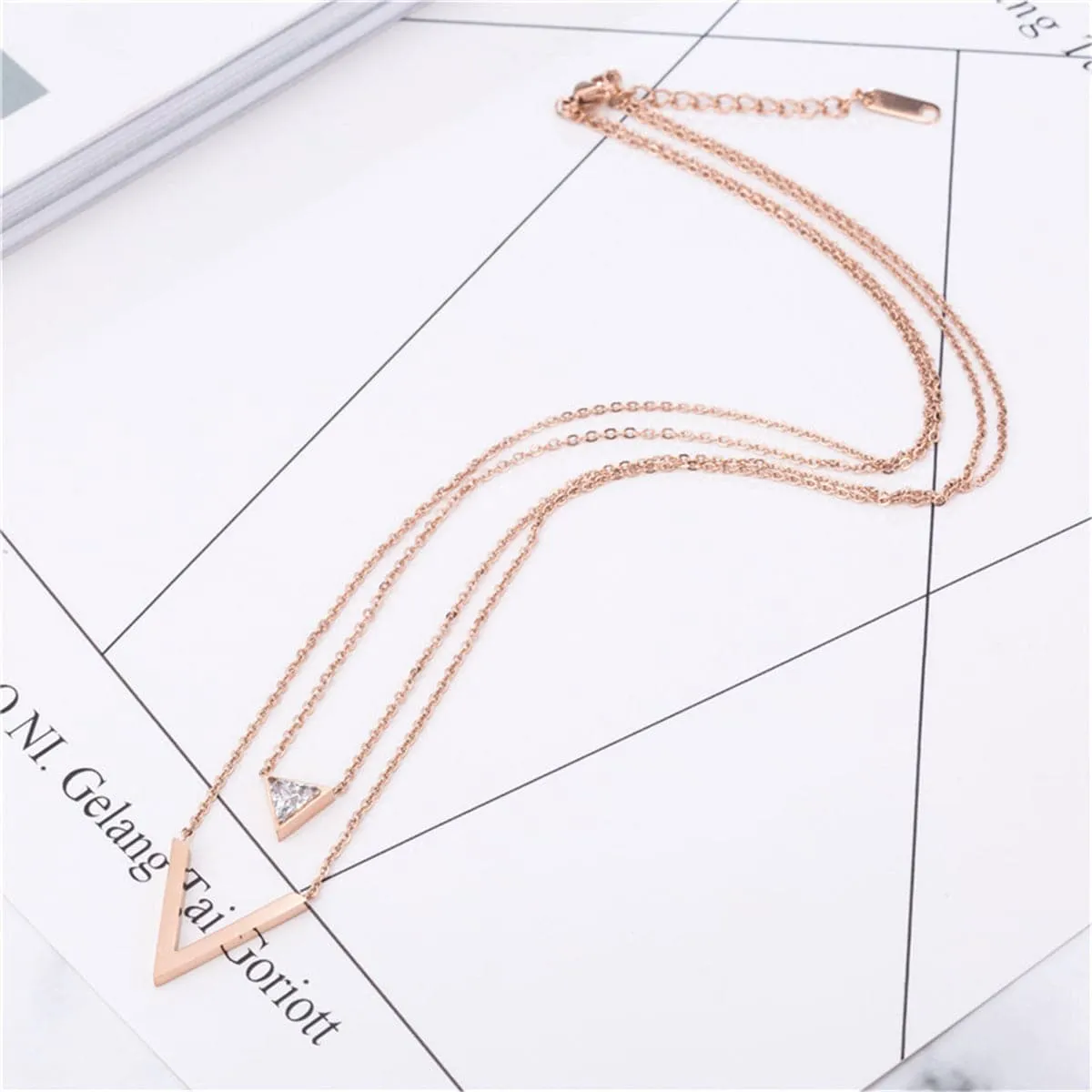 Cubic Zirconia & 18K Rose Gold-Plated Triangle Layered Necklace