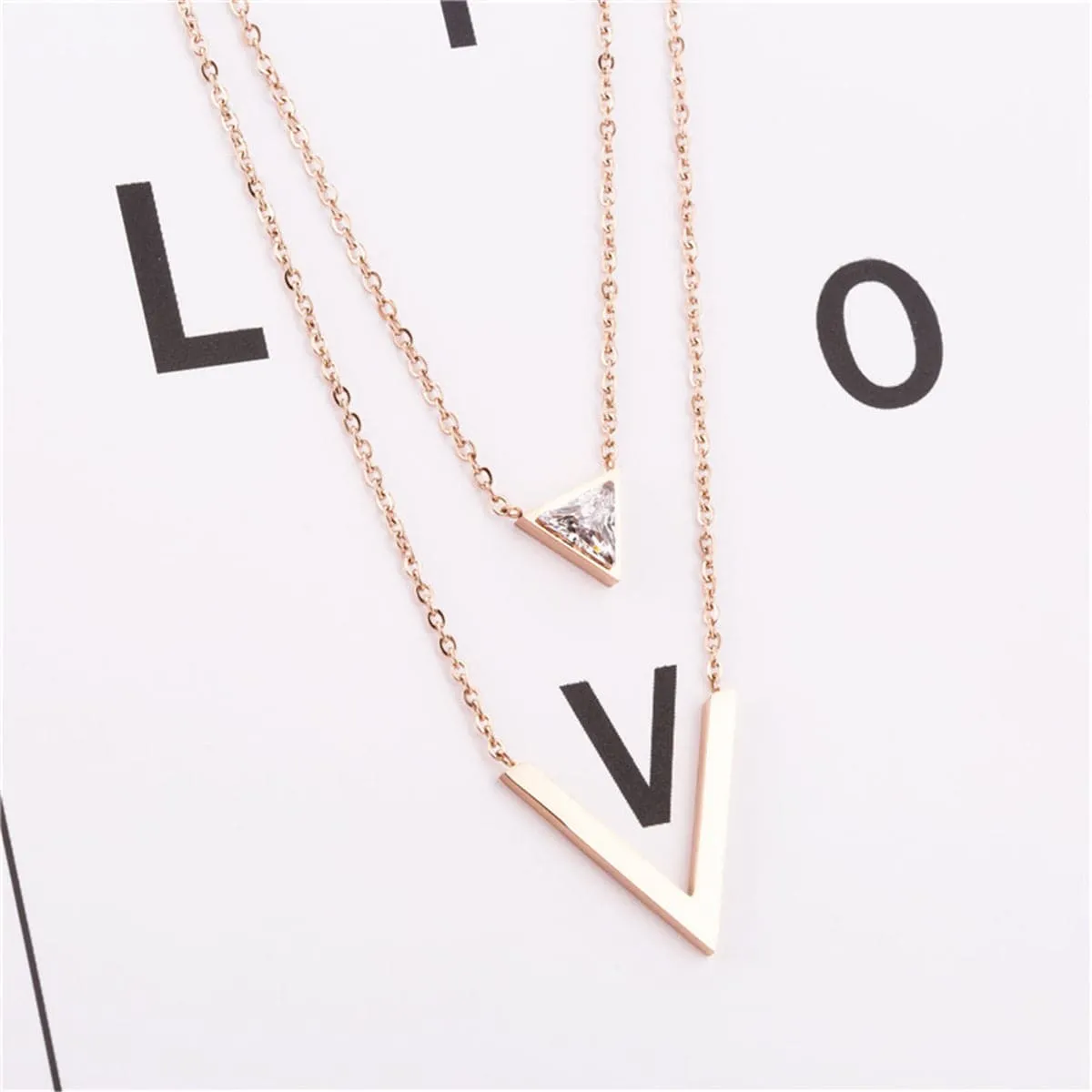 Cubic Zirconia & 18K Rose Gold-Plated Triangle Layered Necklace