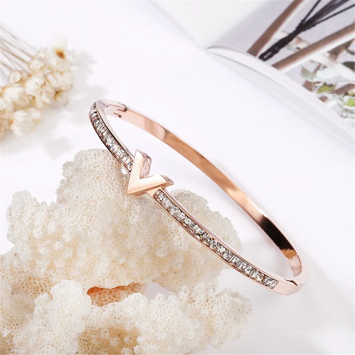 Cubic Zirconia & 18K Rose Gold-Plated 'V' Bangle