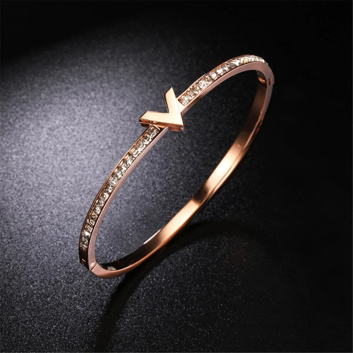 Cubic Zirconia & 18K Rose Gold-Plated 'V' Bangle