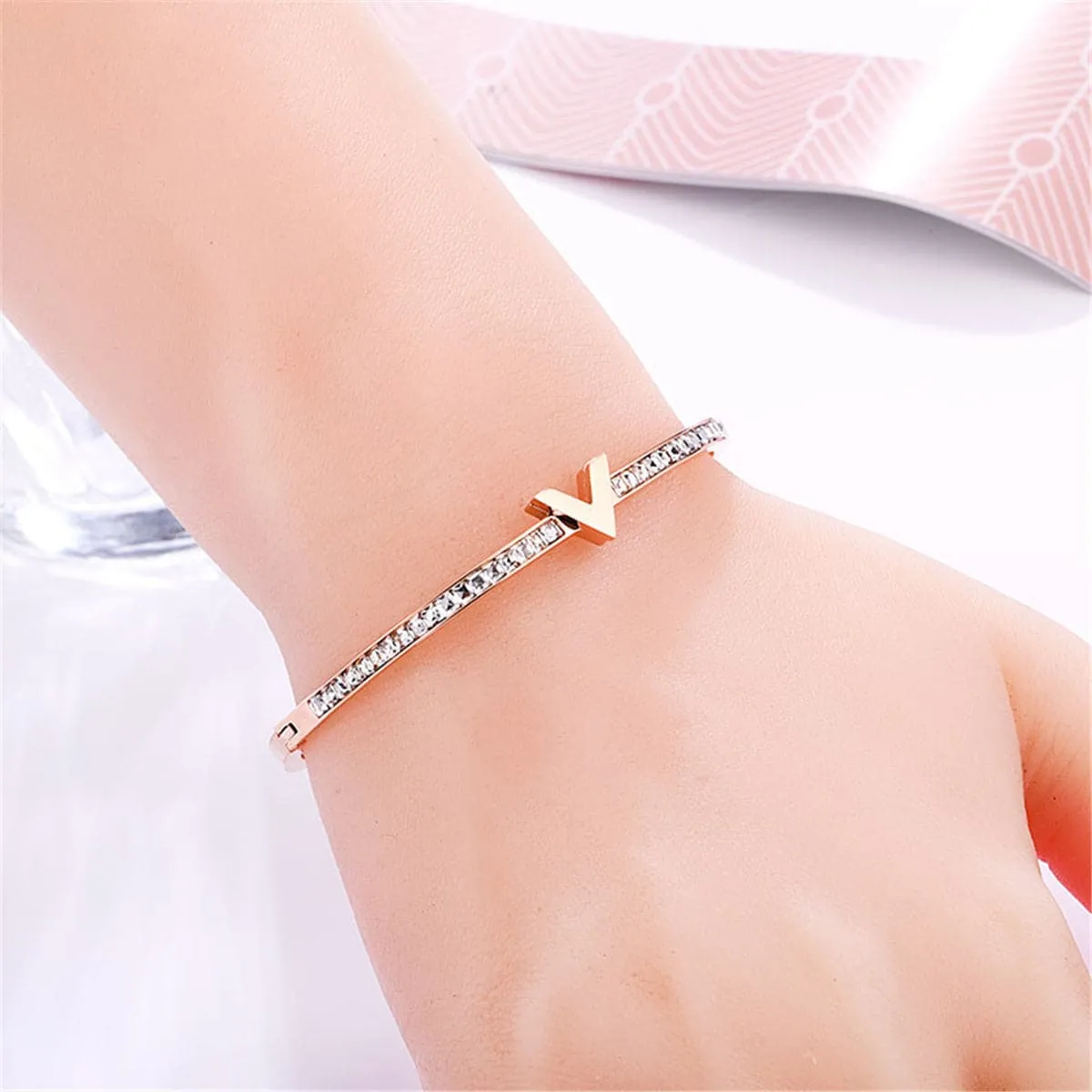 Cubic Zirconia & 18K Rose Gold-Plated 'V' Bangle