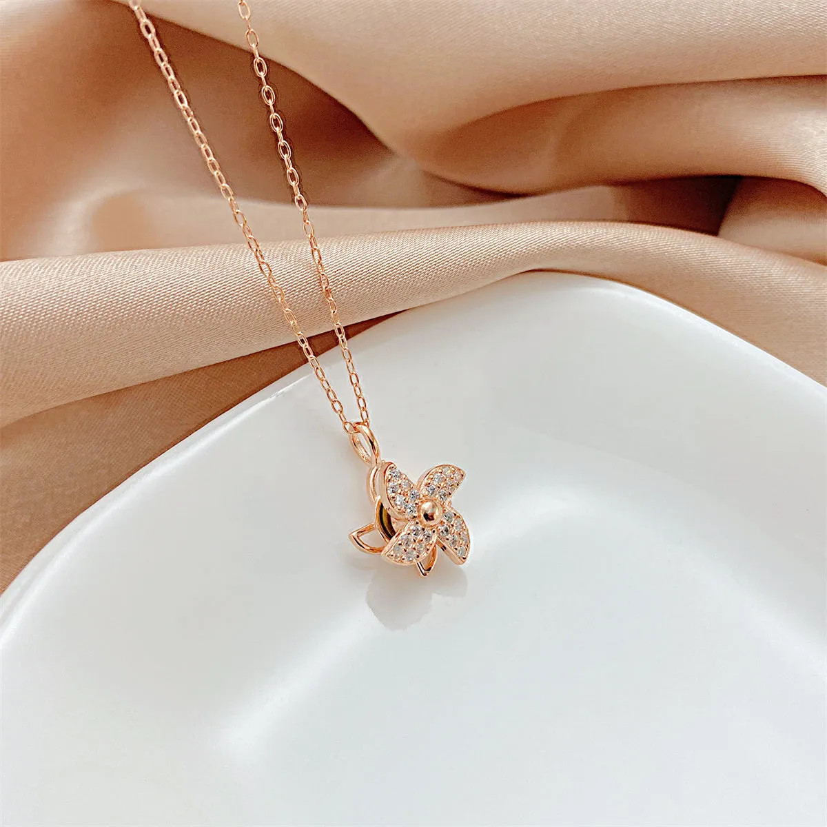 Cubic Zirconia & 18K Rose Gold-Plated Windmill Pendant Necklace