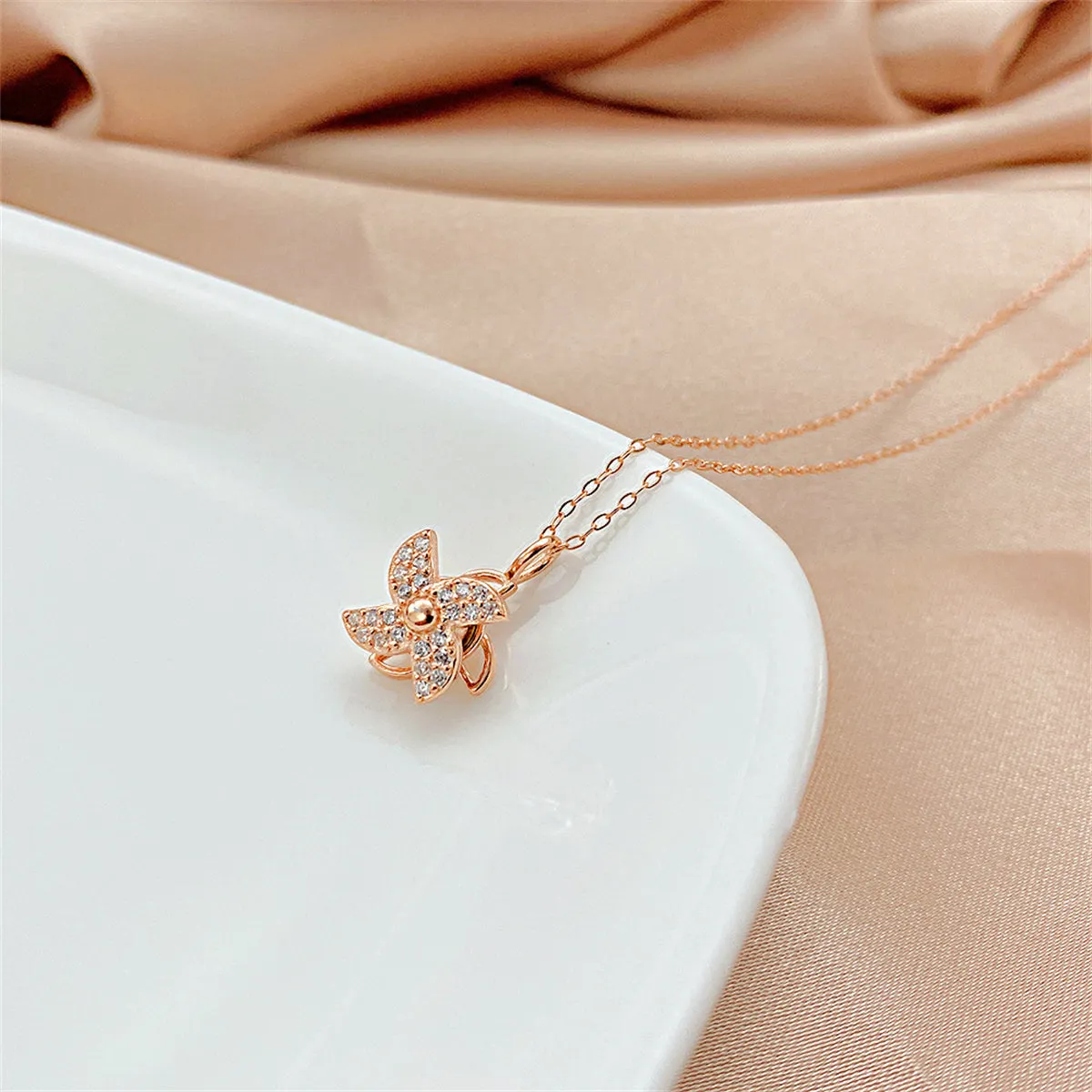 Cubic Zirconia & 18K Rose Gold-Plated Windmill Pendant Necklace