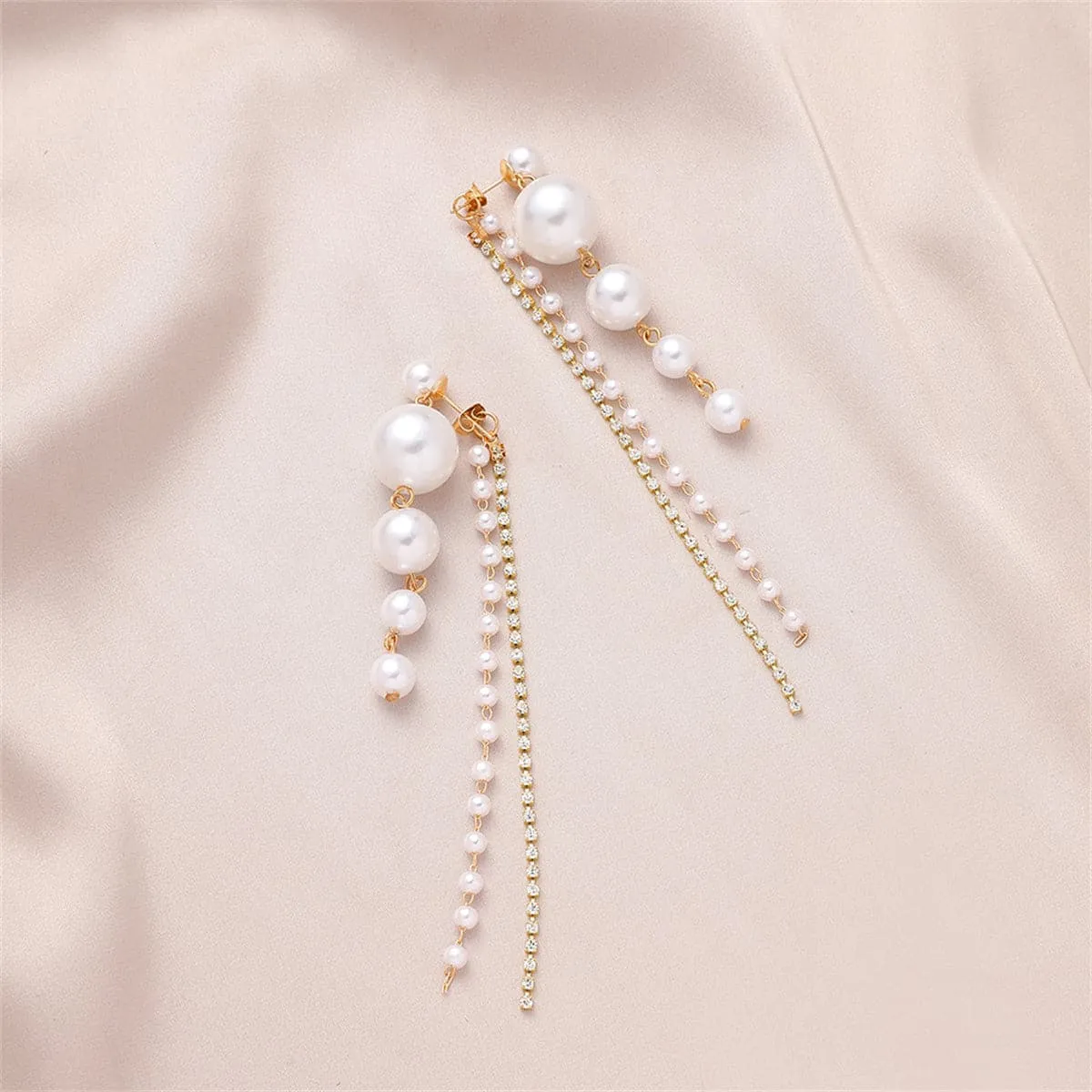 Cubic Zirconia & Pearl 18K Gold-Plated Tassel Ear Jackets