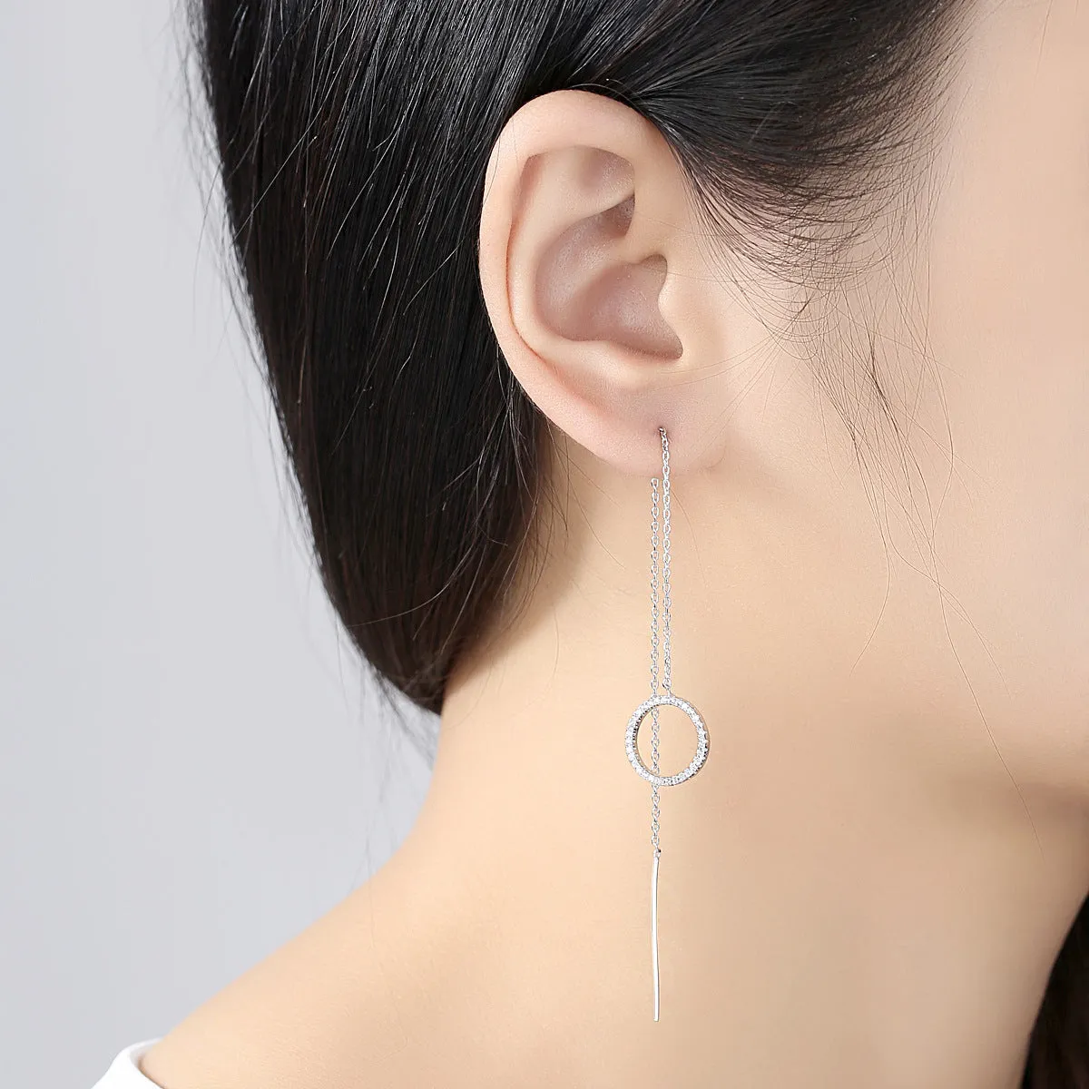 Cubic Zirconia & Silver-Plated Circle Threader Earrings