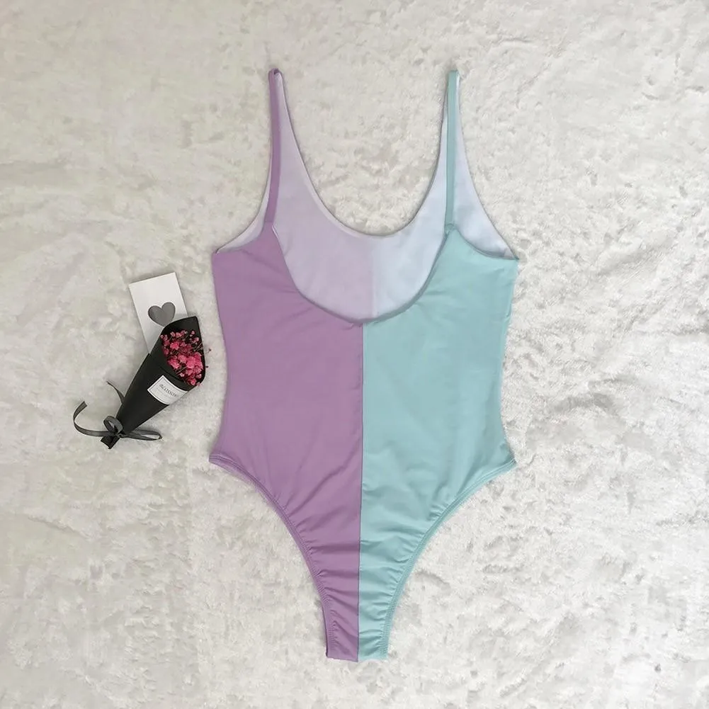 Cut Backless Swimsuit Color Block Low Neck One Piece Bathing Suits B010