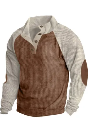 Degan Corduroy Color Block  Mock Neck Sweatshirt - Apricot