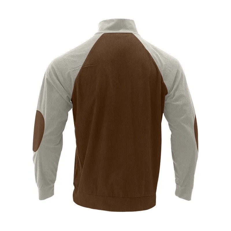 Degan Corduroy Color Block  Mock Neck Sweatshirt - Apricot