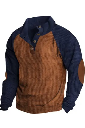 Degan Corduroy Color Block  Mock Neck Sweatshirt - Dark Khaki