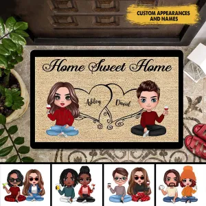 Doll Couple Sitting Home Sweet Home Gift Personalized Doormat
