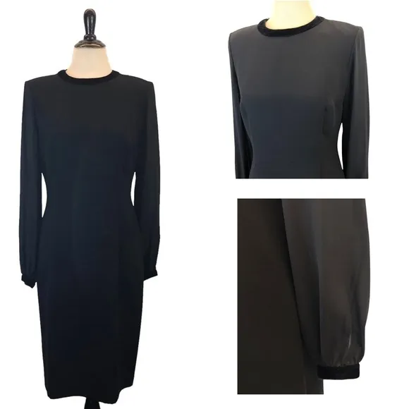 DONNA MORGAN Womens Velvet Trim Sheer Long Sleeve Black Sheath Cocktail DRESS 6