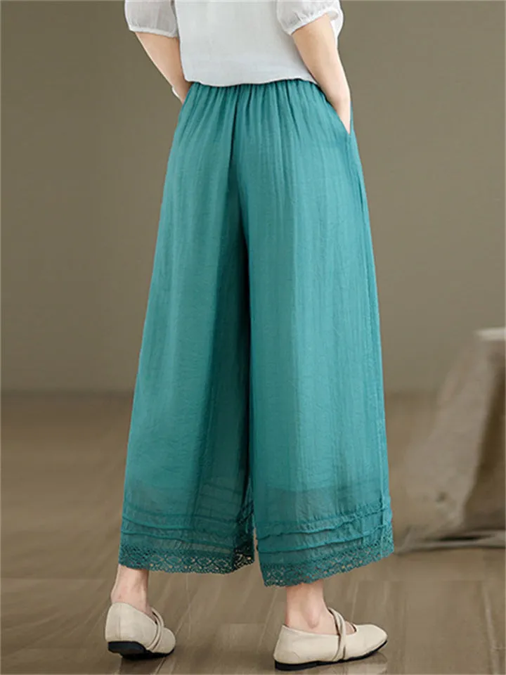 Double Lining Lace Hem Women's Elegant Wide-leg Pants