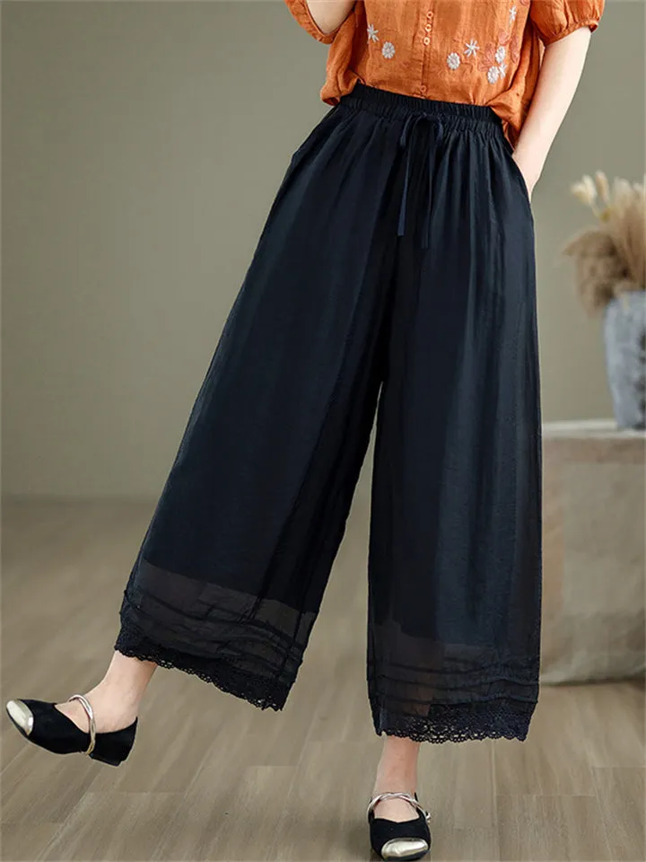 Double Lining Lace Hem Women's Elegant Wide-leg Pants