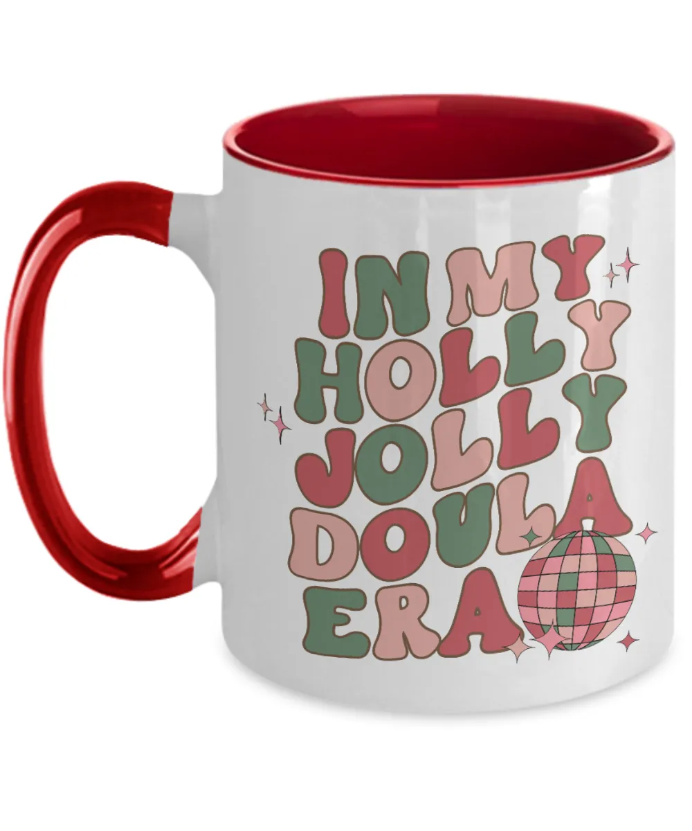 Doula Gift, Postpartum Doula, Midwife Gift, Midwife Mug, In My Holly Jolly Doula Era Retro Two-Toned Coffee Cup