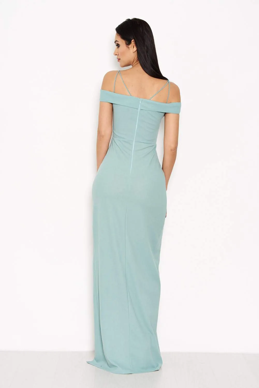 Duck Egg Strappy Off The Shoulder Side Split Maxi Dress