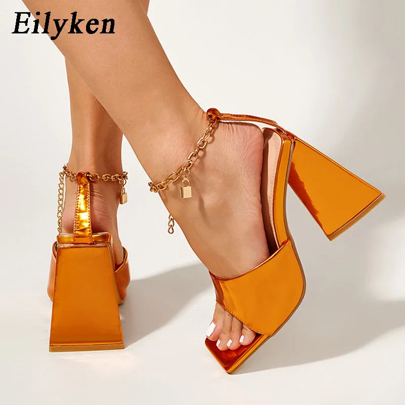 Eilyken Elegant Metal Chain Ankle Buckle Open Toe Triangle Square Heels Sandals