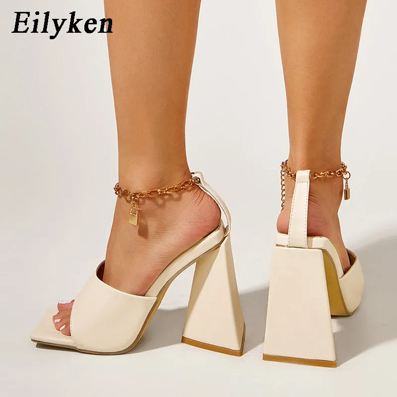 Eilyken Elegant Metal Chain Ankle Buckle Open Toe Triangle Square Heels Sandals