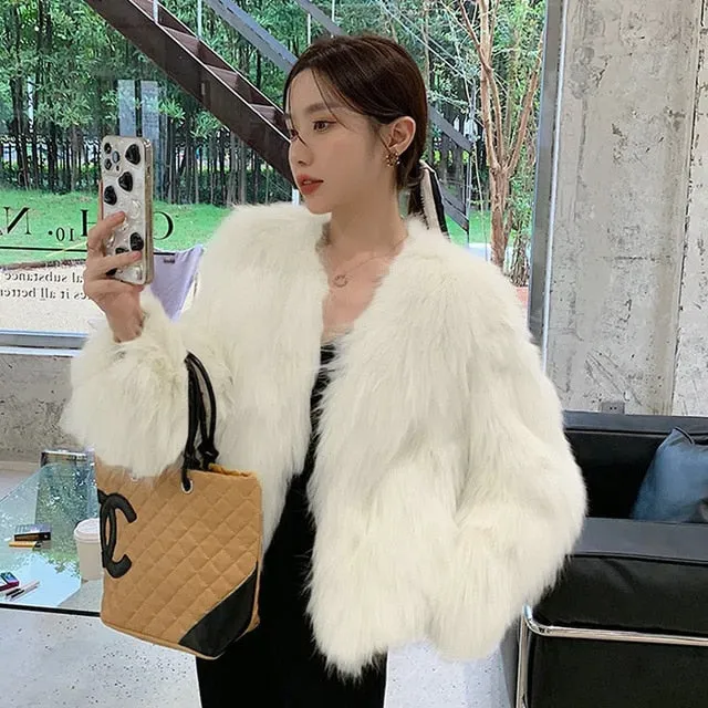 Elegant Collarless Thick Faux Fur Coats