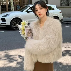 Elegant Collarless Thick Faux Fur Coats