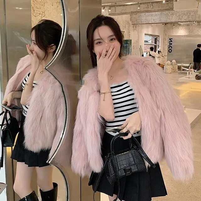Elegant Collarless Thick Faux Fur Coats