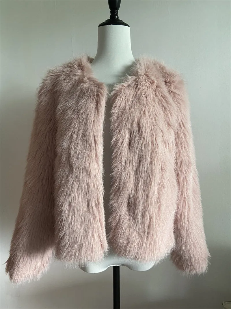 Elegant Collarless Thick Faux Fur Coats