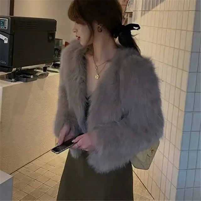 Elegant Collarless Thick Faux Fur Coats