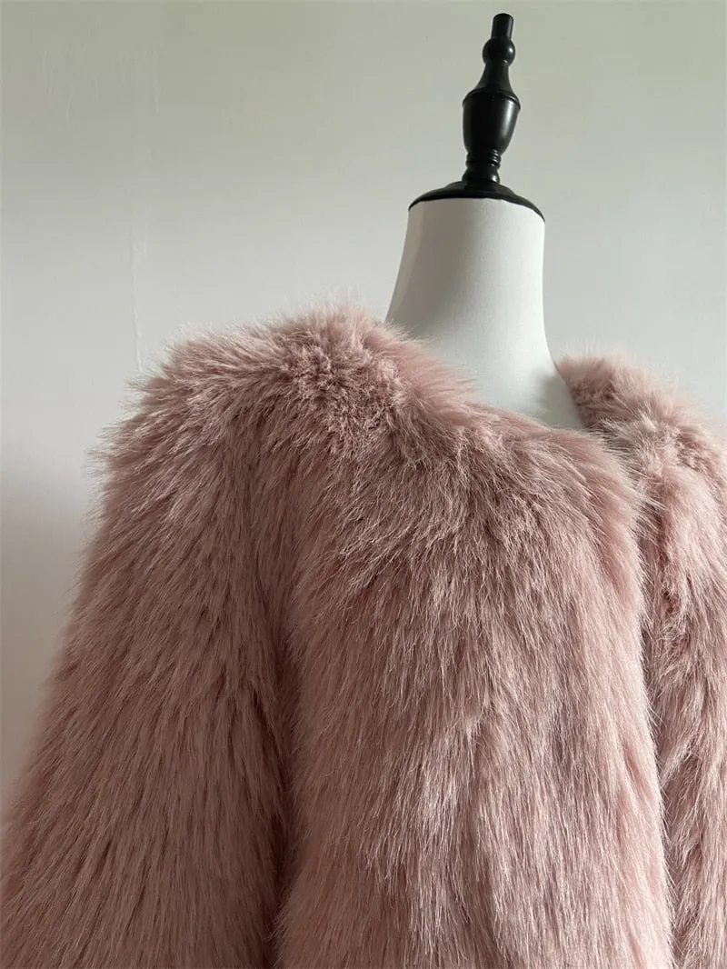 Elegant Collarless Thick Faux Fur Coats