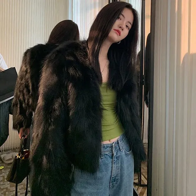Elegant Collarless Thick Faux Fur Coats