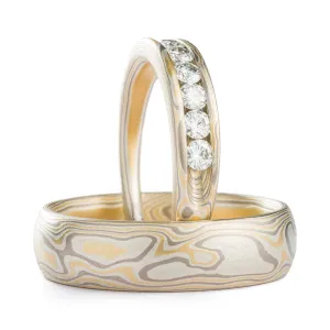 Elegant Gold Mokume Gane Ring Set or Wedding Bands in Flare Palette and Woodgrain Pattern with Moissanites