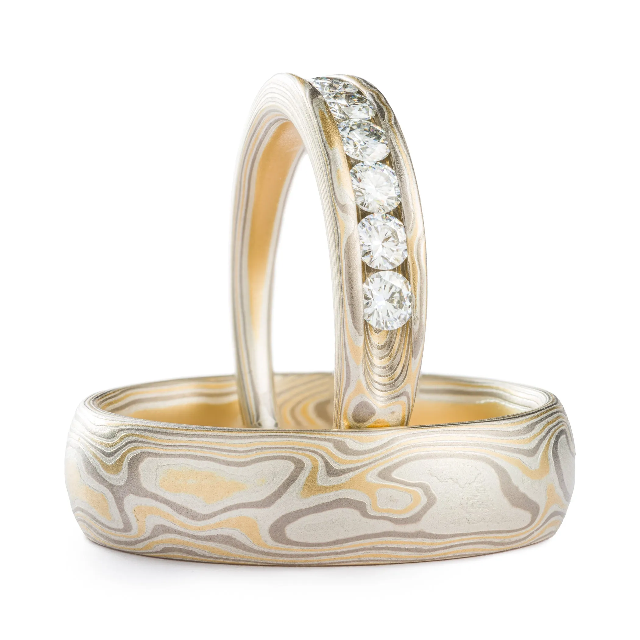 Elegant Gold Mokume Gane Ring Set or Wedding Bands in Flare Palette and Woodgrain Pattern with Moissanites