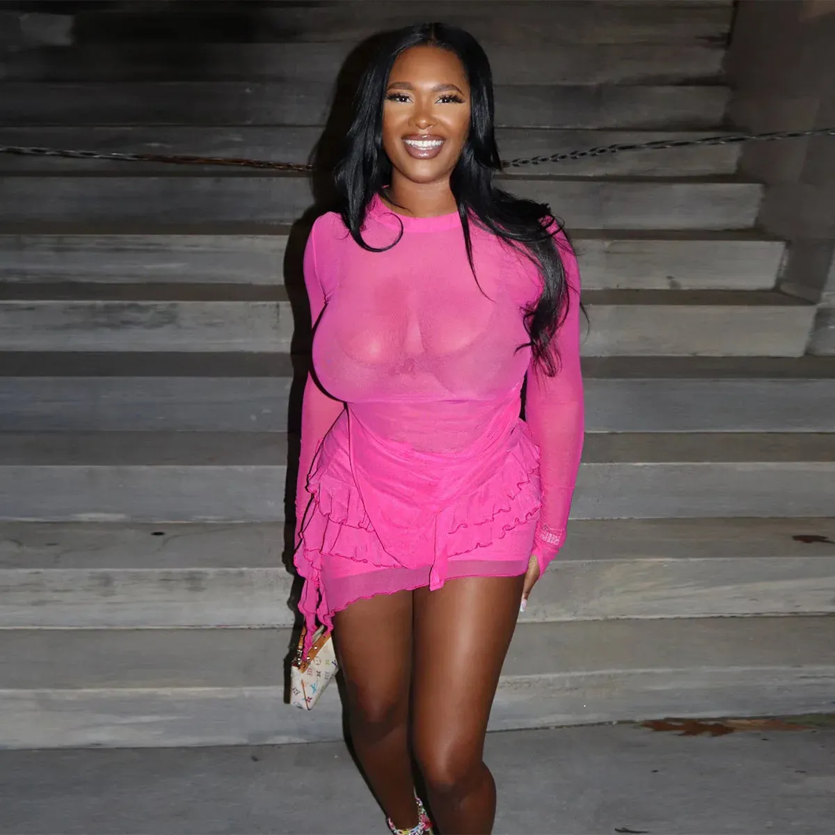 Elegant Mesh 2 Piece Skirt Sets Sexy Crop Tops Shirts Outfit