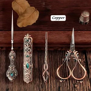 Elegant Metal Engraved Antique, Retro & Vintage Style Complete Sewing Set With Box