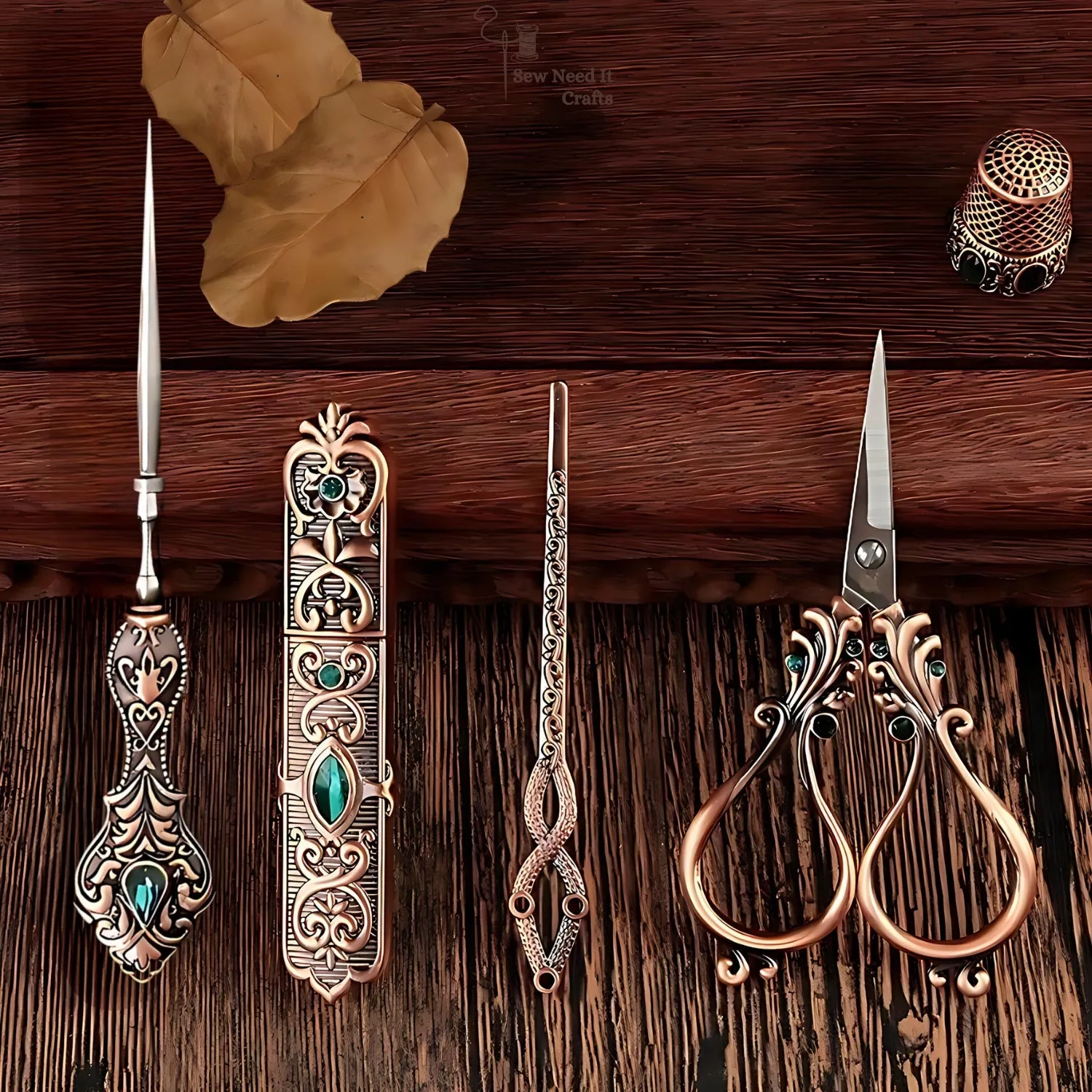 Elegant Metal Engraved Antique, Retro & Vintage Style Complete Sewing Set With Box