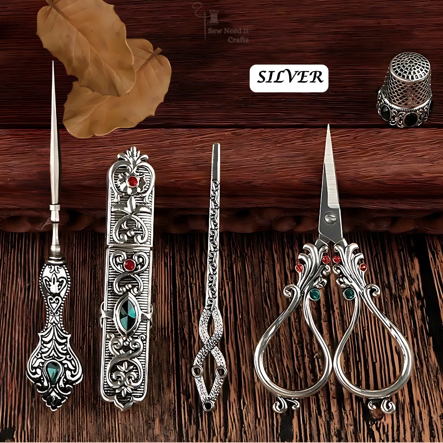 Elegant Metal Engraved Antique, Retro & Vintage Style Complete Sewing Set With Box