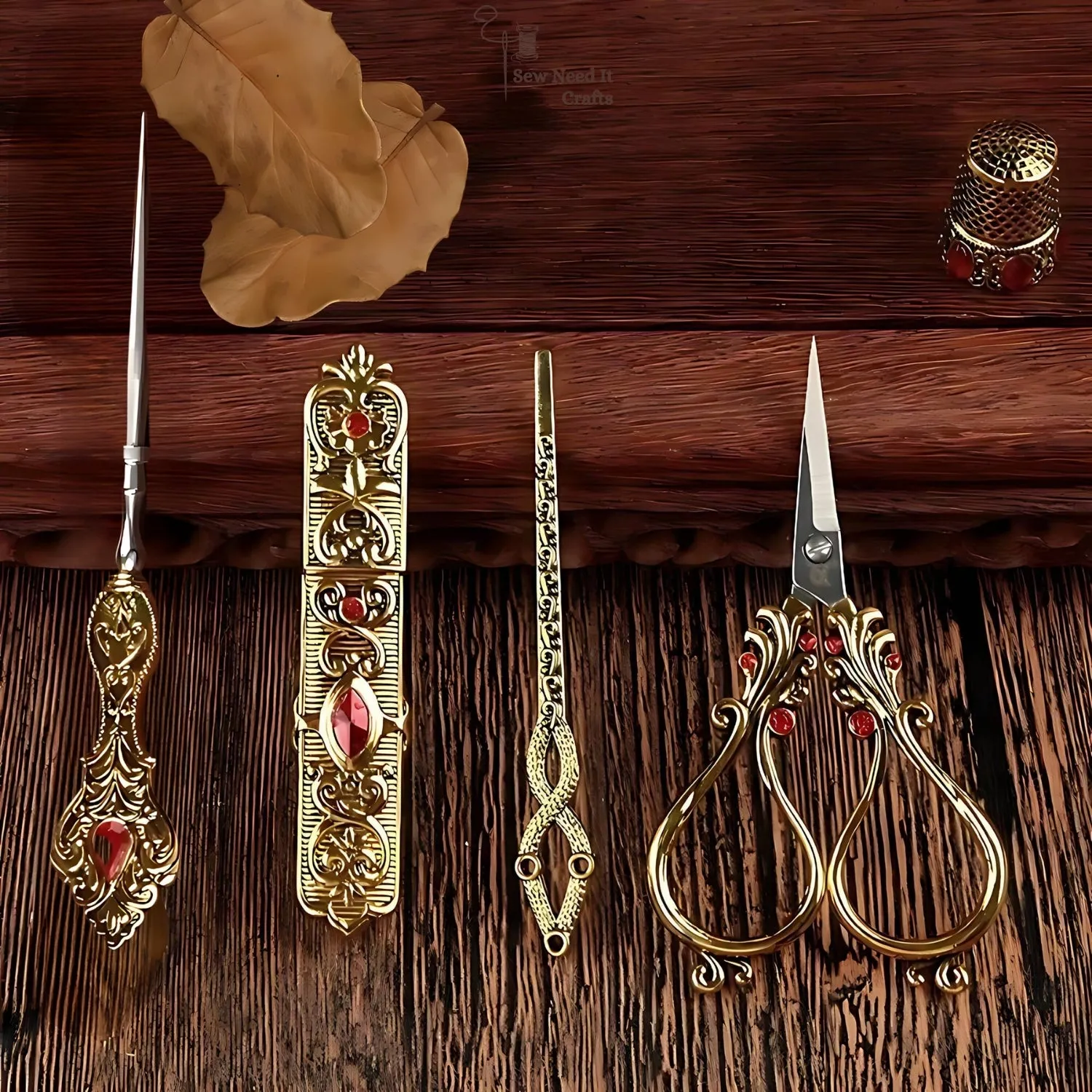 Elegant Metal Engraved Antique, Retro & Vintage Style Complete Sewing Set With Box
