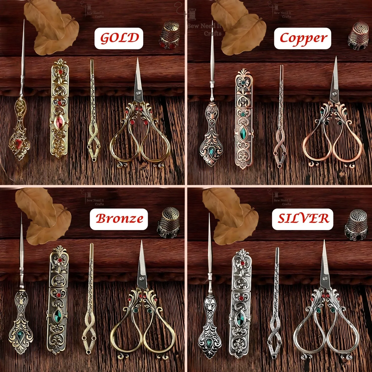Elegant Metal Engraved Antique, Retro & Vintage Style Complete Sewing Set With Box