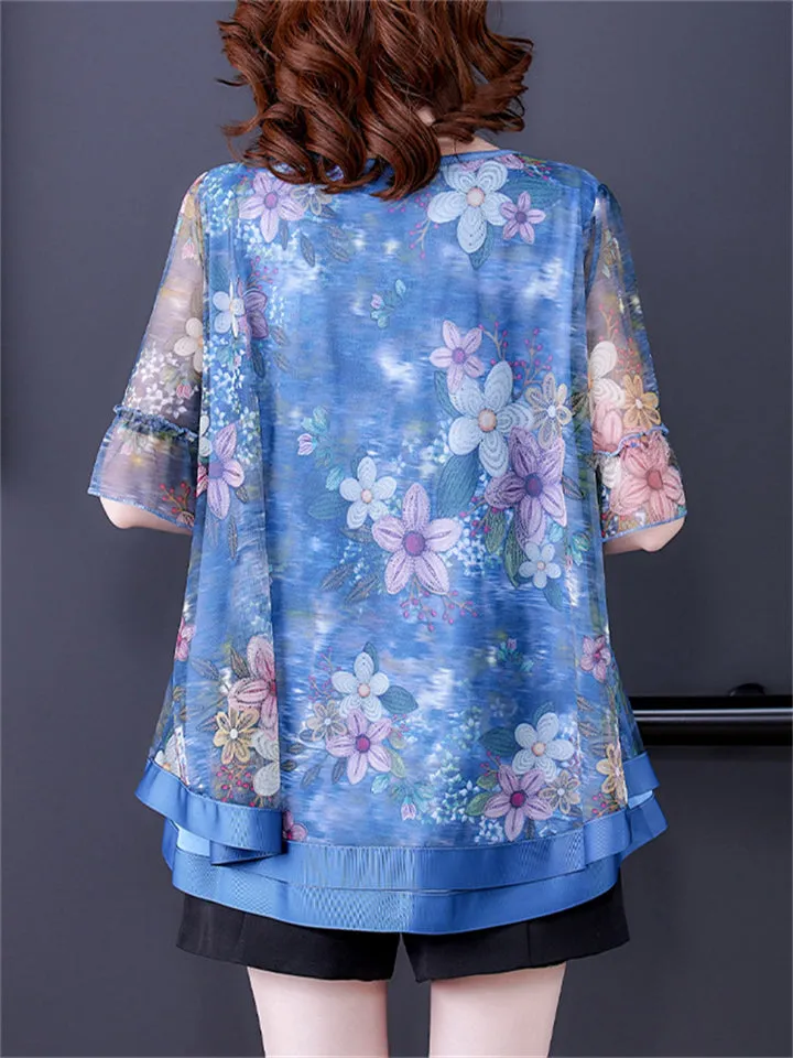Elegant Round Neck Floral Print Smooth Chiffon Shirt for Lady
